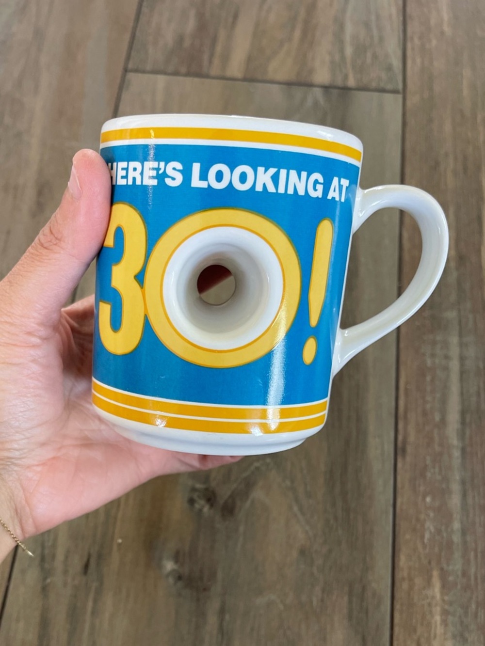 vintage collectible mug featuring a hole through the center 30th birthday mug